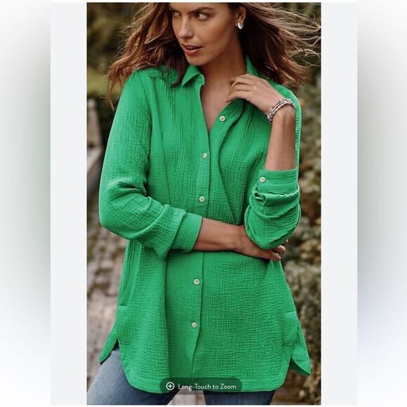 J. Jill Cotton-Gauze Split-Hem Tunic in green - Picture 1 of 7